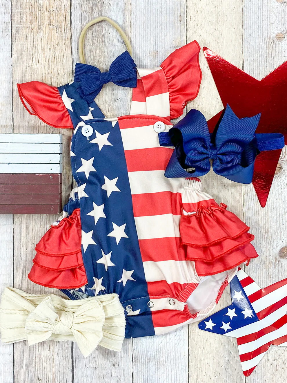 (Custom Design Preorder MOQ 5) Stars Stripes Print Baby Girls 4th of July Bubble Romper