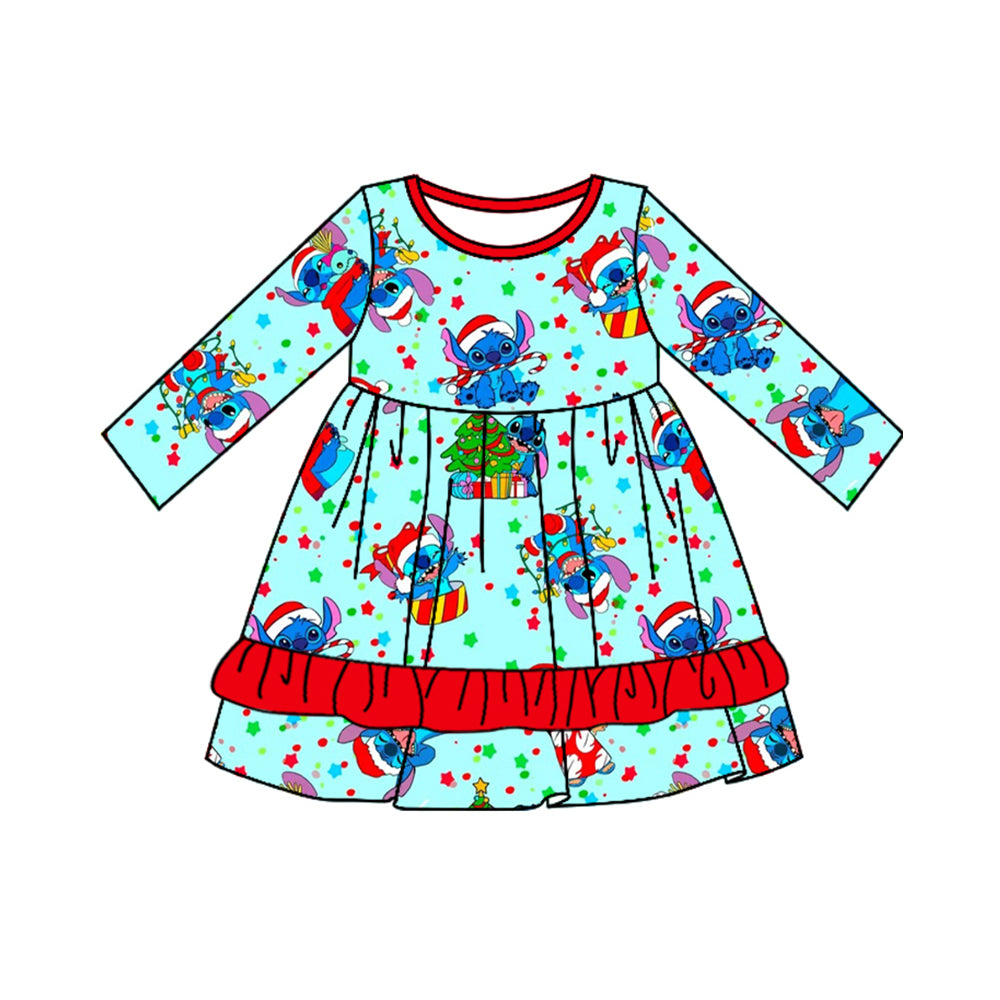 (Custom Design Preorder MOQ 5) Cartoon Blue Animals Print Girls Knee Length Christmas Dress