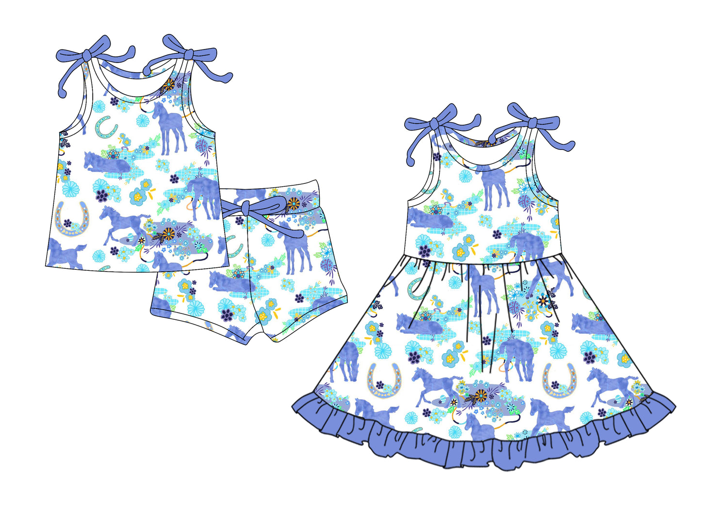 5.24(Custom Design Preorder MOQ 5 Each Design) Horse Blue Flowers Print Girls Summer Matching Clothes Sisters Wear