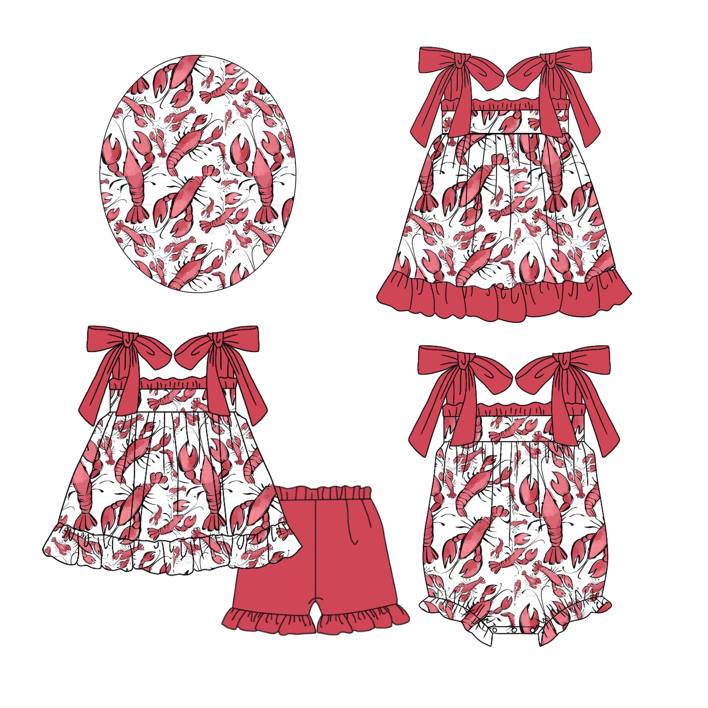 12.13(Custom Design Preorder MOQ 5 Each Design) Crayfish Red Print Girls Summer Matching Clothes Sisters Wear