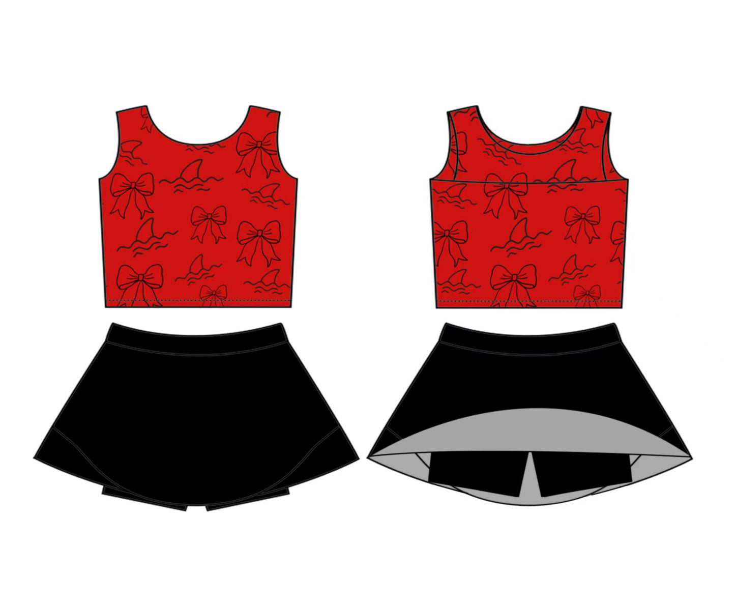 (Custom Design Preorder MOQ 5) Red Bows Print Black Shorts Skirts Girls Summer Yoga Clothes Set