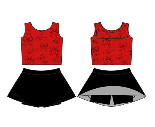 (Custom Design Preorder MOQ 5) Red Bows Print Black Shorts Skirts Girls Summer Yoga Clothes Set