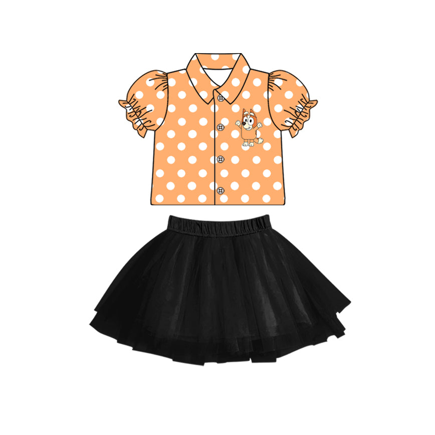 (Custom Design Preorder MOQ 5) Cartoon Dog Orange Dots Top Black Tulle Skirts Girls Clothes Set