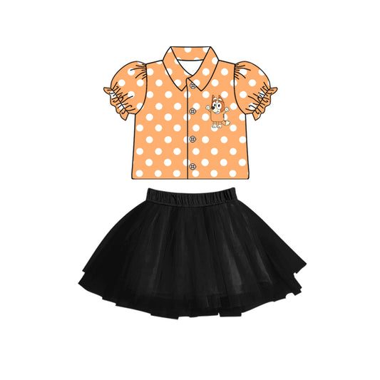 (Custom Design Preorder MOQ 5) Cartoon Dog Orange Dots Top Black Tulle Skirts Girls Clothes Set