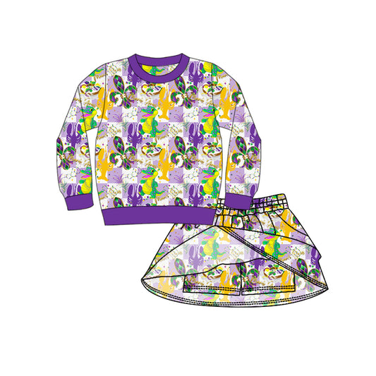 (Custom Design Preorder MOQ 5) Crayfish Crocodile Plaid Top Skirts Shorts Girls Mardi Gras Clothes Sets