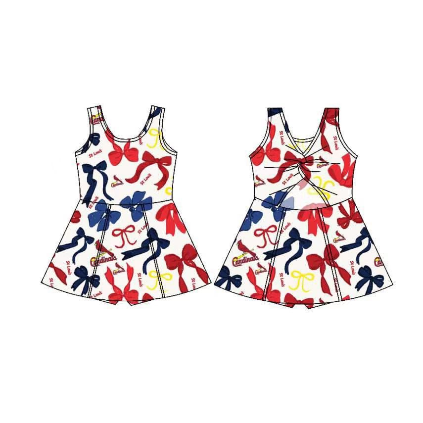 (Custom Design Preorder MOQ 5) Team's Cardinals Red Blue Bows Print Shorts Skirts Girls Summer Yoga Dress