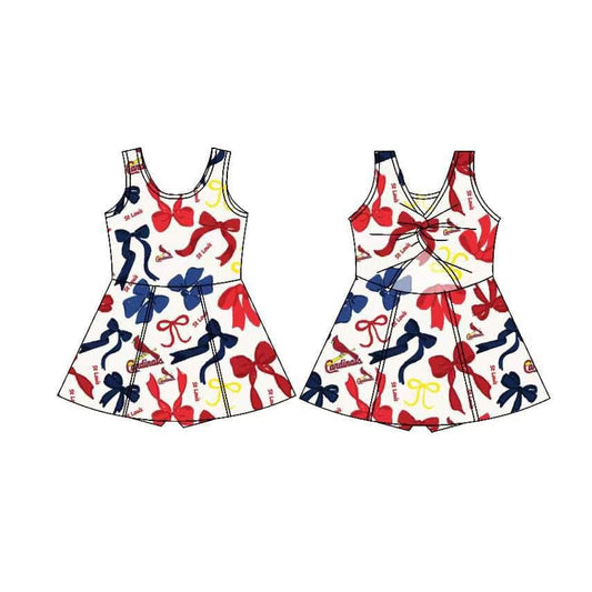 (Custom Design Preorder MOQ 5) Team's Cardinals Red Blue Bows Print Shorts Skirts Girls Summer Yoga Dress