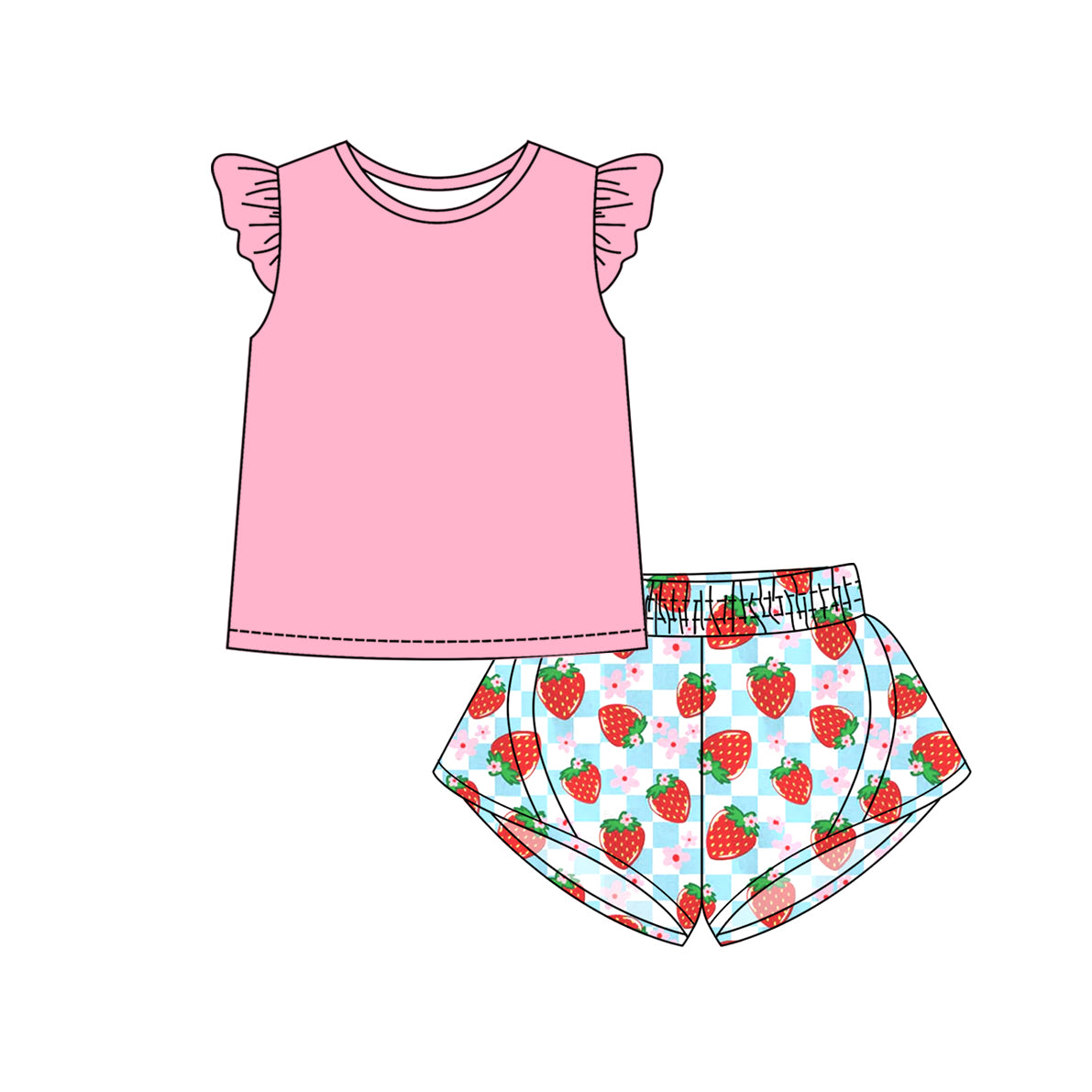 3.7(Custom Design Preorder MOQ 5 Each Design) Pink Top Strawberry Shorts Skirts Girls Summer Matching Clothes Sisters Wear