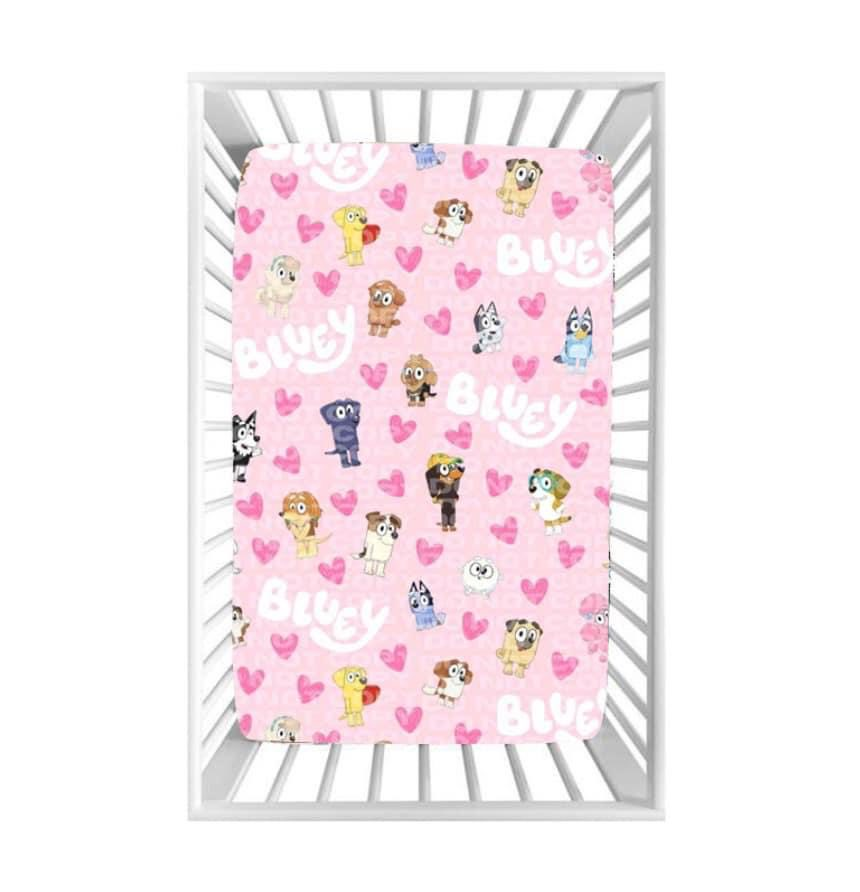 (Custom Design Preorder MOQ 5) Cartoon Dogs Pink Hearts Print Baby Kids Bed Sheets