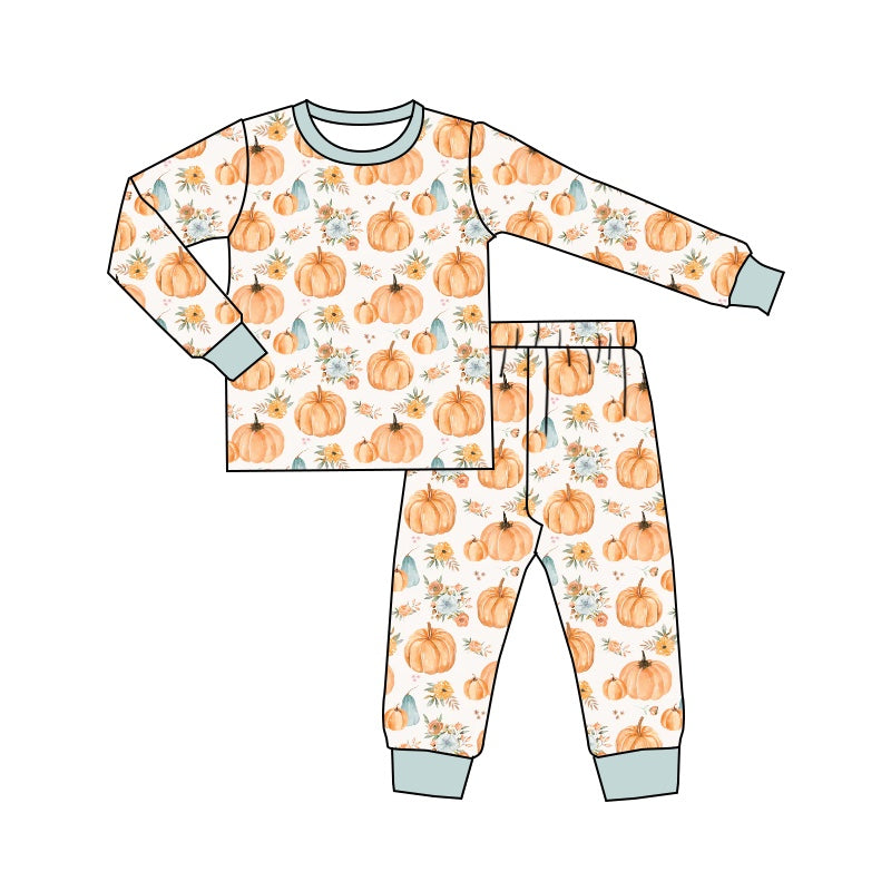 (Custom Design Preorder MOQ 5) Pumpkin Flowers Print Girls Fall Pajamas Clothes Set