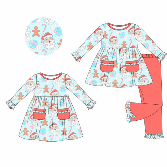 5.22(Custom Design Preorder MOQ 5 Each Design) Santa Gingerbread Candy Print Pockets Girls Christmas Matching Clothes Sisters Wear