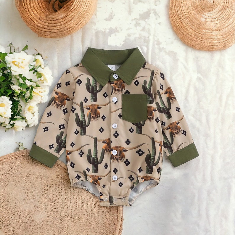 (Custom Design Preorder MOQ 5) Highland Cow Cactus Print Baby Boys Western Fall Pocket Romper