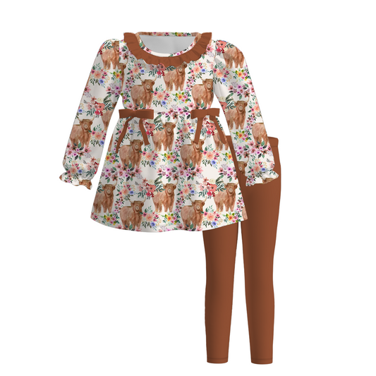 (Custom Design Preorder MOQ 5)  Highland Cow Flowers Tunic Top Brown Pants Girls Fall Clothes Set