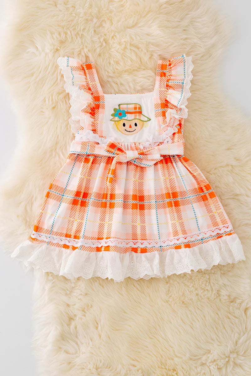 (Custom Design Preorder MOQ 5) Scarecrow Plaid Print Girls Knee Length Fall Dress