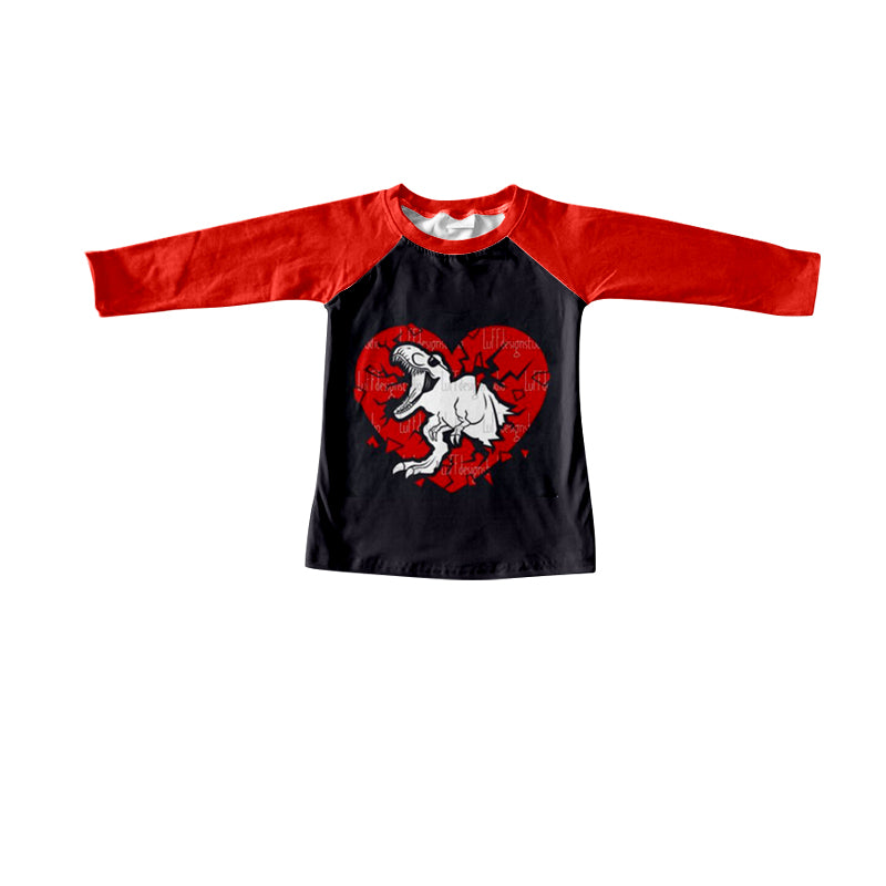 (Custom Design Preorder MOQ 5) Dino Heart Print Boys Raglan Sleeve Valentine's Tee Shirts Top