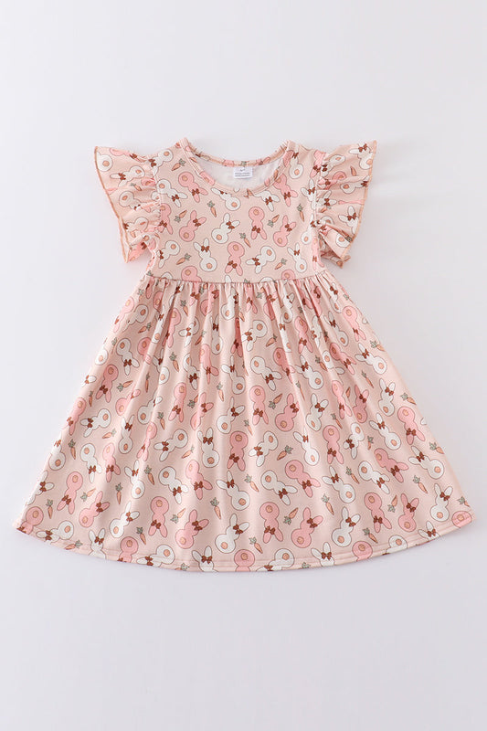 (Custom Design Preorder MOQ 5) Bunny Carrot Print Girls Easter Knee Length Dress