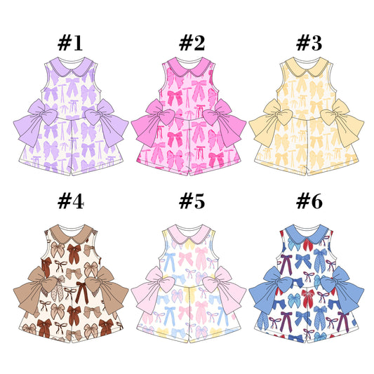 4.1(Custom Design Preorder MOQ 5 Per Item ) 6 Colors Bows Print Girls Summer Jumpsuits Sisters Wear