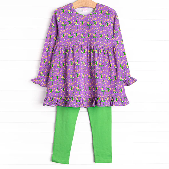 (Custom Design Preorder MOQ 5)  Hat Purple Tunic Top Green Pants Girls Mardi Gras Clothes Set