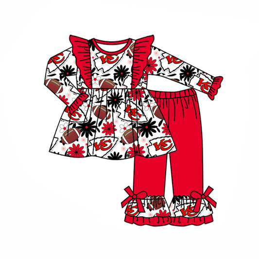 (Custom Design Preorder MOQ 5) Team's KC Flowers Tunic Top Red Ruffle Pants Girls Fall Clothes Set