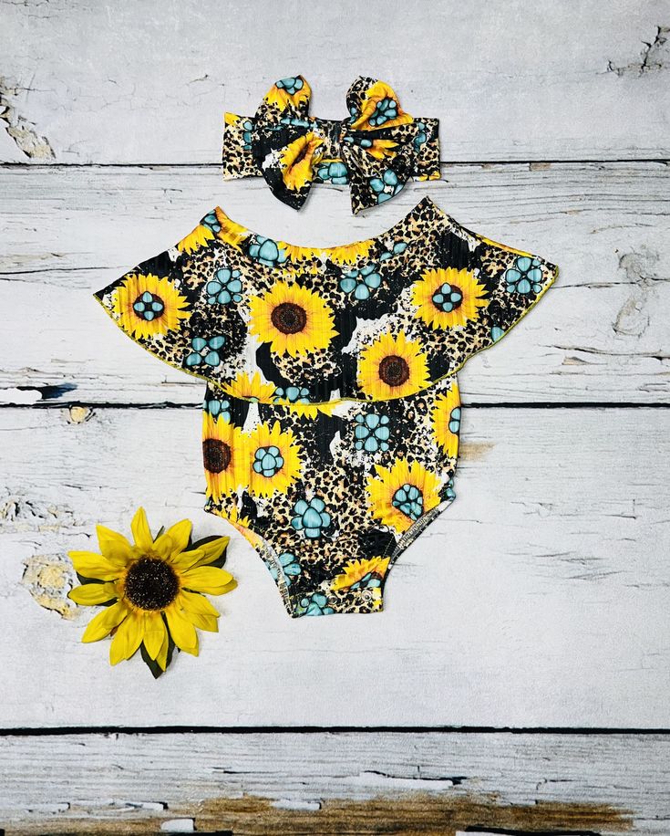(Custom Design Preorder MOQ 5) Sunflowers Turquoise Print Baby Girls Summer Western Romper
