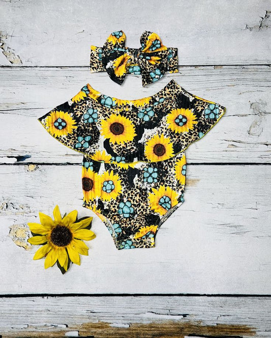 (Custom Design Preorder MOQ 5) Sunflowers Turquoise Print Baby Girls Summer Western Romper