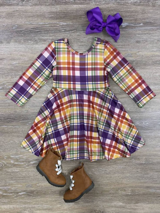 (Custom Design Preorder MOQ 5) Purple Plaid Print Girls Knee Length Fall Dress