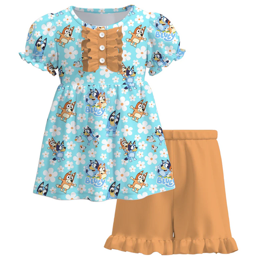 (Custom Design Preorder MOQ 5)  Cartoon Dog Flowers Tunic Top Ruffle Shorts Girls Summer Clothes Set