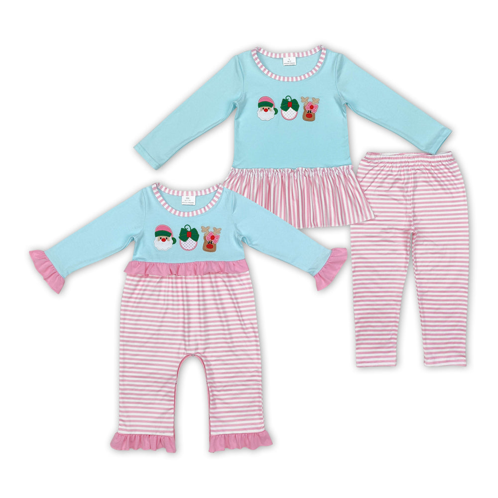 Santa Deer Embroidery Pink Stripes Print Sisters Christmas Matching Clothes