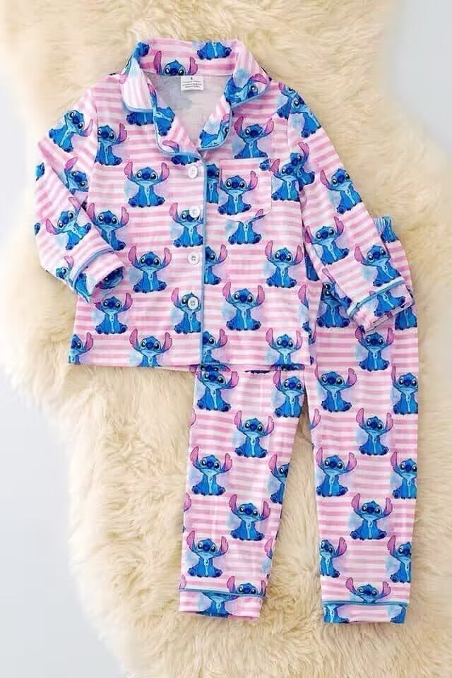 (Custom Design Preorder MOQ 5) Cartoon Animals Pink Stripes Print Girl Fall Buttons Pajamas Clothes Set
