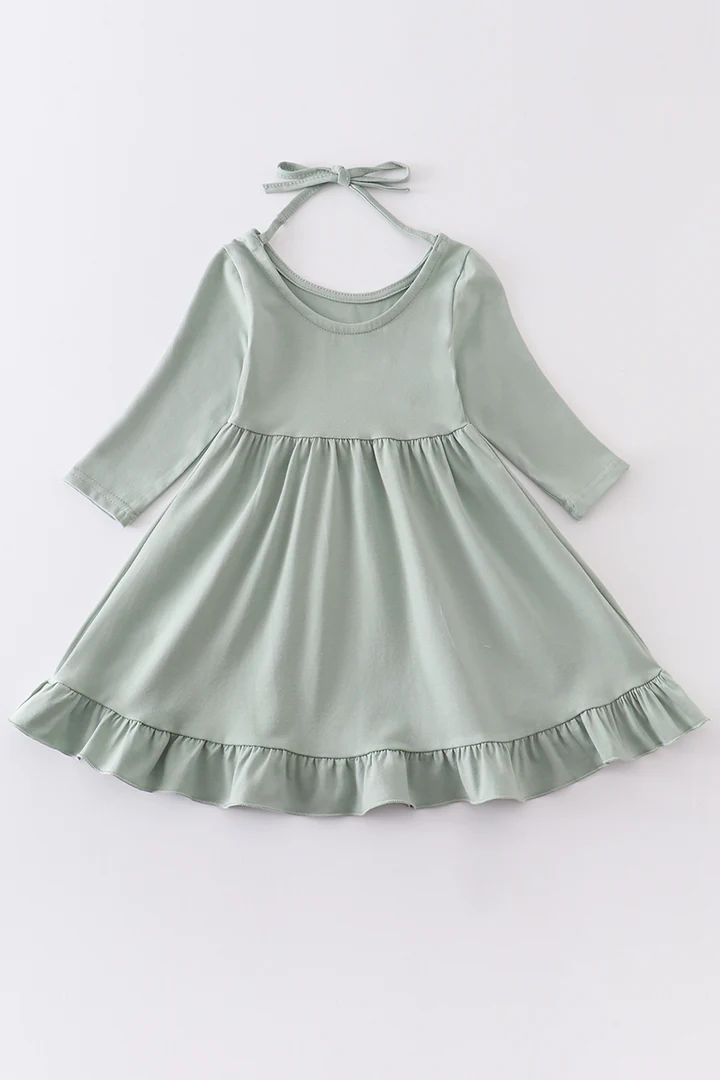 (Custom Design Preorder MOQ 5) Green Cotton Girls Knee Length Dress