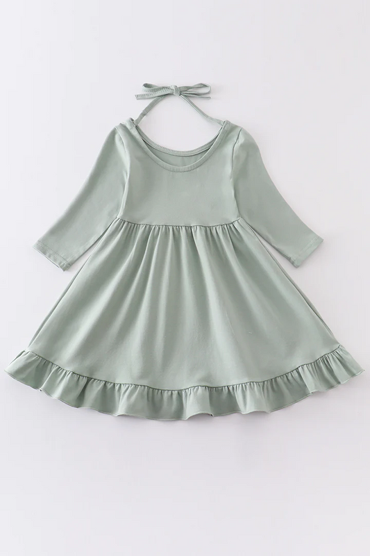 (Custom Design Preorder MOQ 5) Green Cotton Girls Knee Length Dress