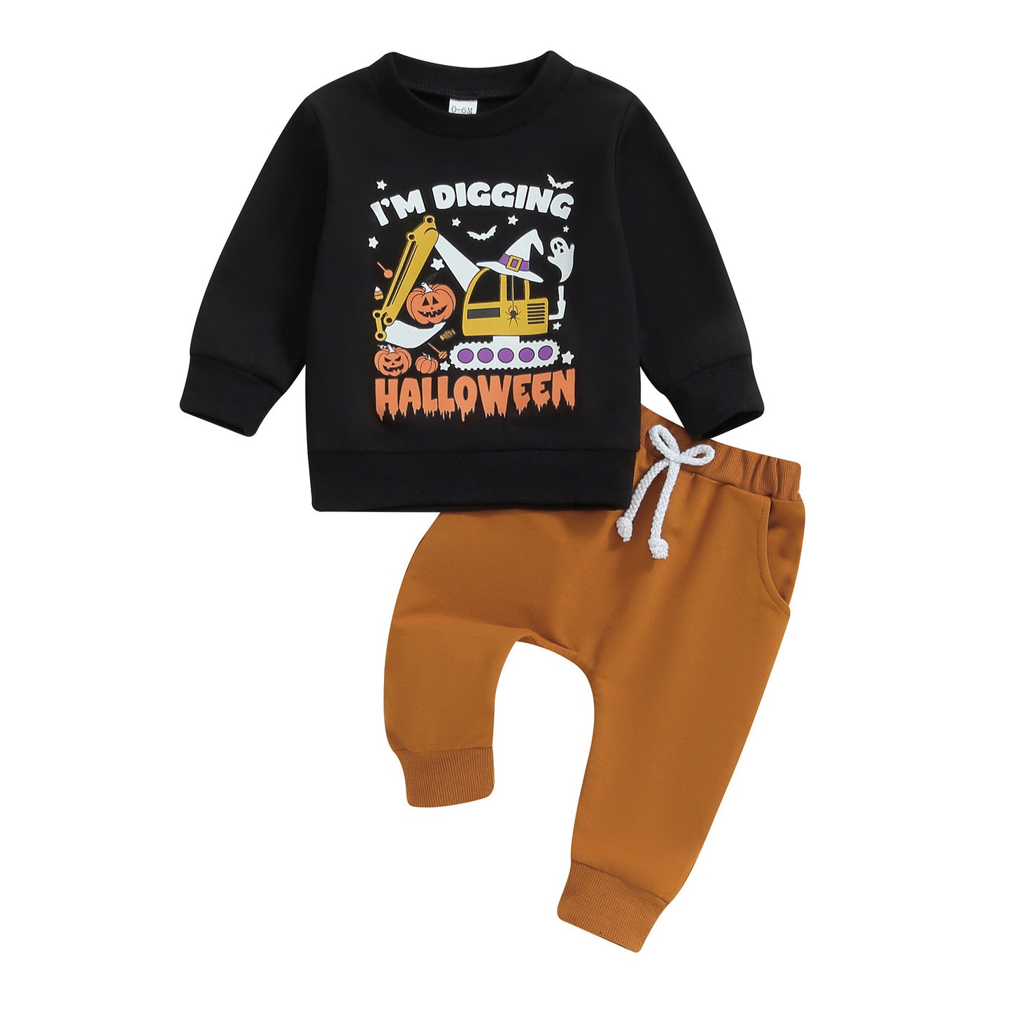 (Custom Design Preorder MOQ 5) Digging Pumpkin Top Brown Pants Boys Halloween Clothes Set