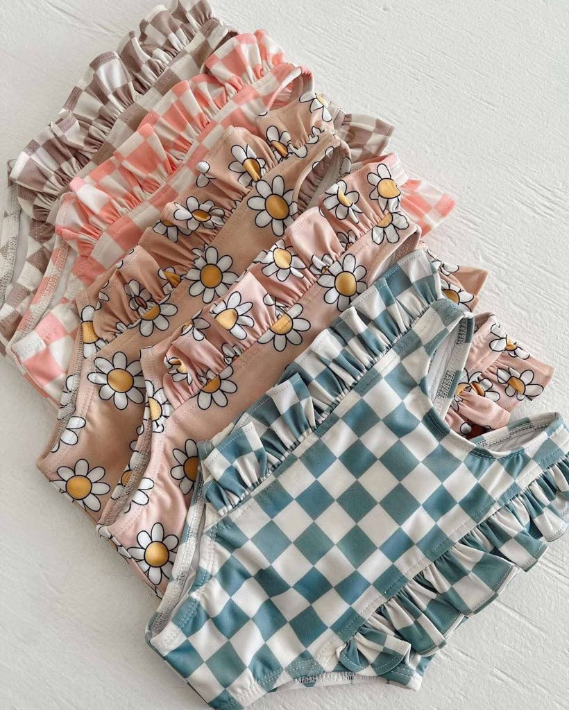 (Custom Design Preorder MOQ 5)  Pink Plaid Print Ruffle Girls 1 Piece Swimsuits