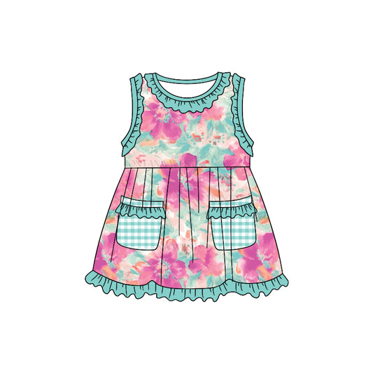 (Custom Design Preorder MOQ 5) Green Flowers Print Pockets Girls Knee Length Summer Dress