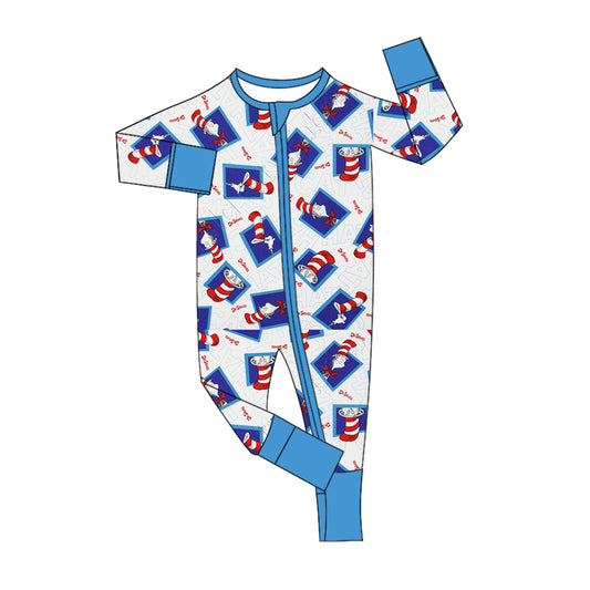 (Custom Design Preorder MOQ 5) Dr.Reading Blue Print Baby Boys Bamboo Sleeper Zipper Romper