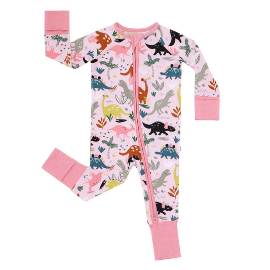 (Custom Design Preorder MOQ 5)  Dino Flowers Print Baby Girls Fall Bamboo Sleeper Zipper Romper