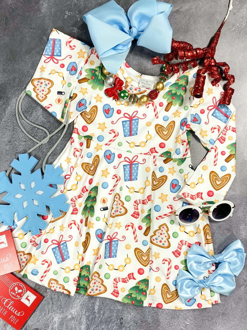 (Custom Design Preorder MOQ 5) Gift Candy Cane Print Girls Knee Length Christmas Dress