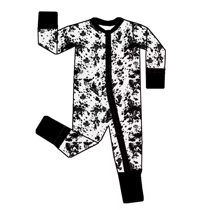 (Custom Design Preorder MOQ 5) Black Cowhide Print Baby Zipper Sleeper Romper