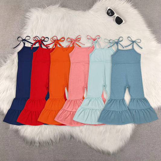 6 Solid Colors Summer Cotton Straps Girls Bell Bottom Jumpsuits