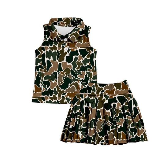 (Custom Design Preorder MOQ 5) Brown Camo Print Shorts Skirts Girls Summer Athletic Clothes Set