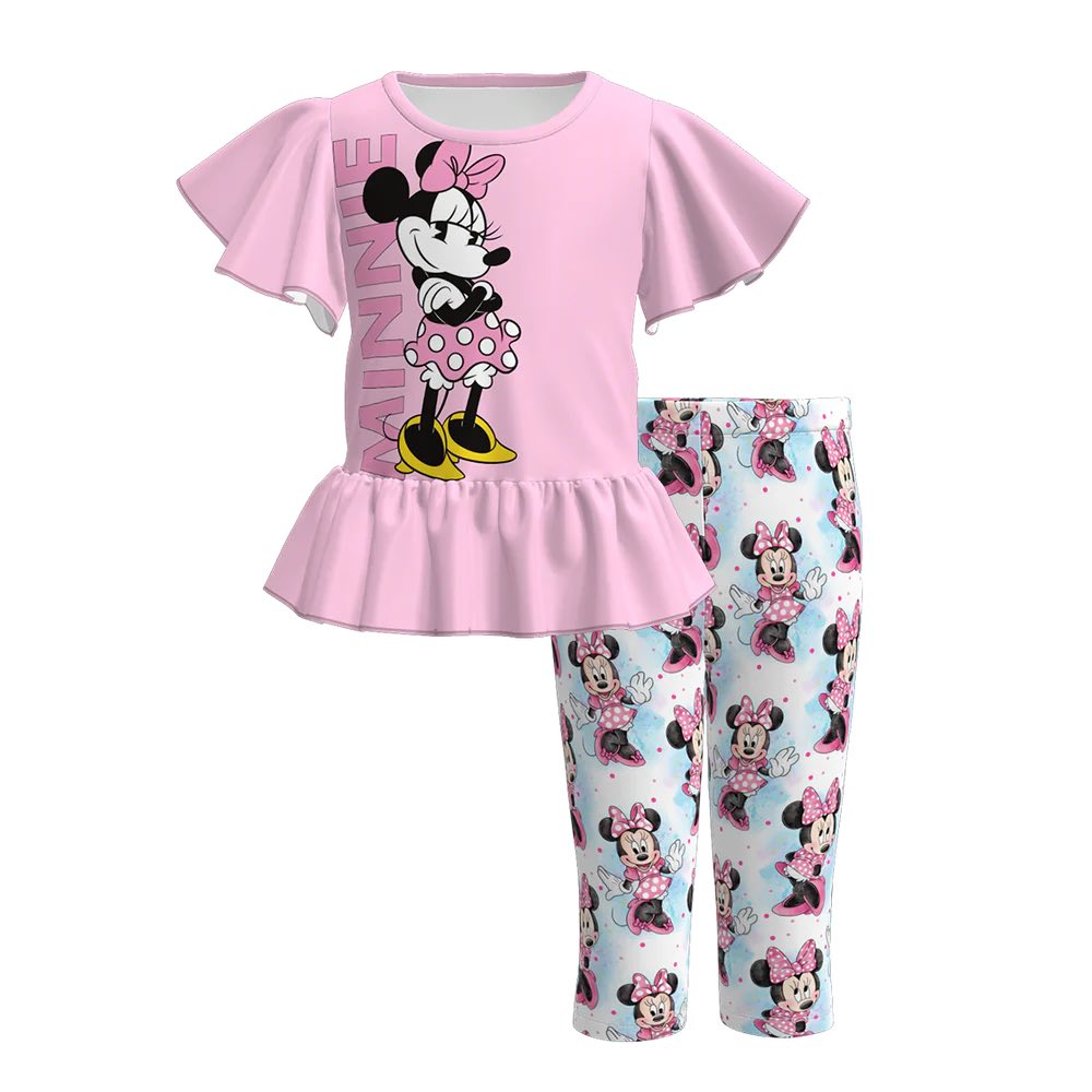 (Custom Design Preorder MOQ 5) Cartoon Mouse Pink Top Legging Pants Girls Clothes Set