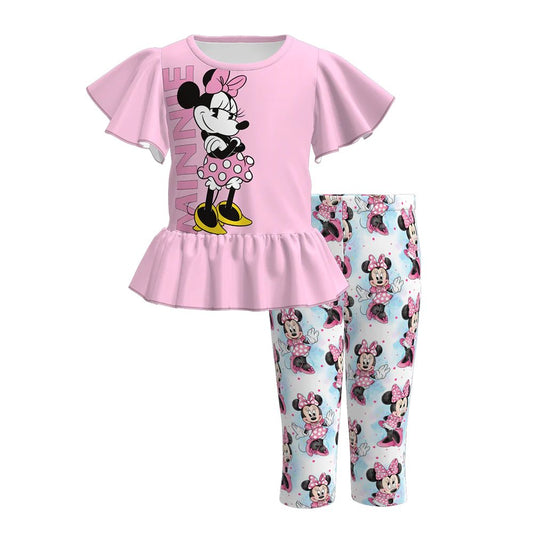 (Custom Design Preorder MOQ 5) Cartoon Mouse Pink Top Legging Pants Girls Clothes Set