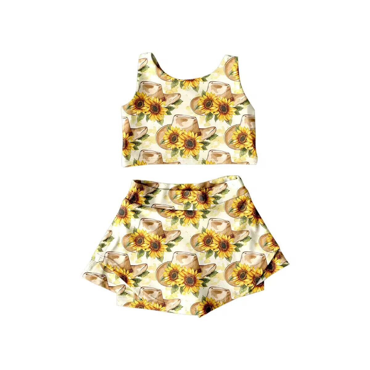 (Custom Design Preorder MOQ 5)  Hat Sunflowers Print Skirts Shorts Girls Summer Clothes Set