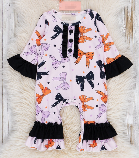 (Custom Design Preorder MOQ 5) Orange Purple Bows Print Baby Girls Halloween Romper