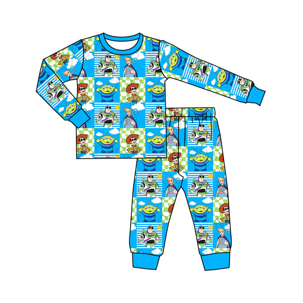 (Custom Design Preorder MOQ 5) Cartoon Toys Plaid Print Boys Fall Pajamas Clothes Set