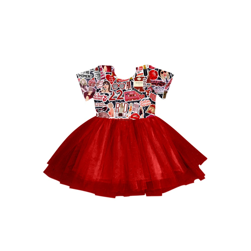 (Custom Design Preorder MOQ 5)  Singer Print Red Tulle Girls Knee Length Summer Dress