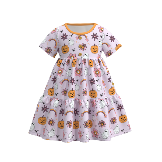 (Custom Design Preorder MOQ 5) Ghost Flowers Pumpkin Print Girls Knee Length Halloween Dress