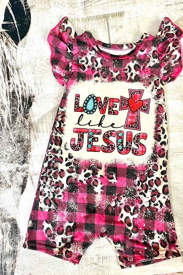 (Custom Design Preorder MOQ 5) LOVE JESUS Cross Leopard Print Baby Girls Romper