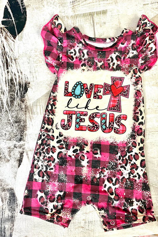 (Custom Design Preorder MOQ 5) LOVE JESUS Cross Leopard Print Baby Girls Romper