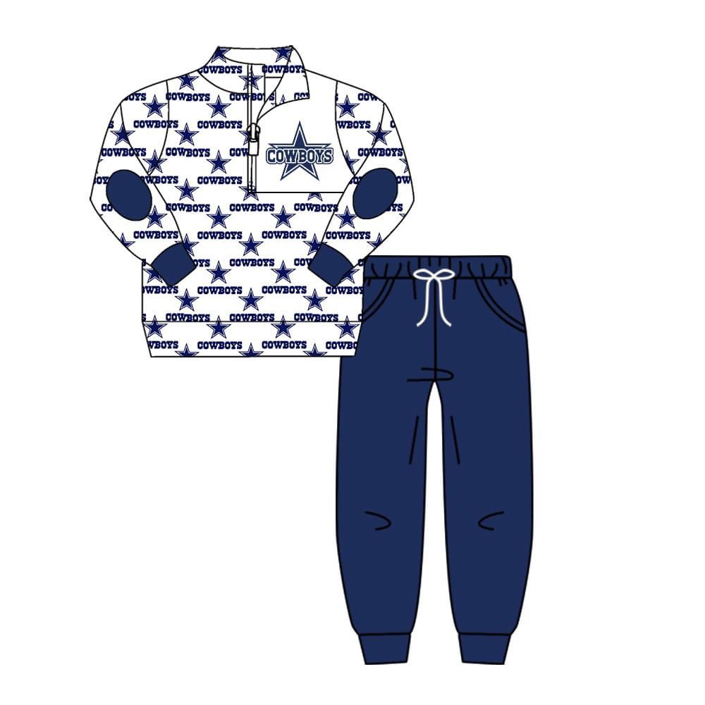 (Custom Design MOQ 5)Navy Football Team's print button pullover shirts pants boys fall clothes set